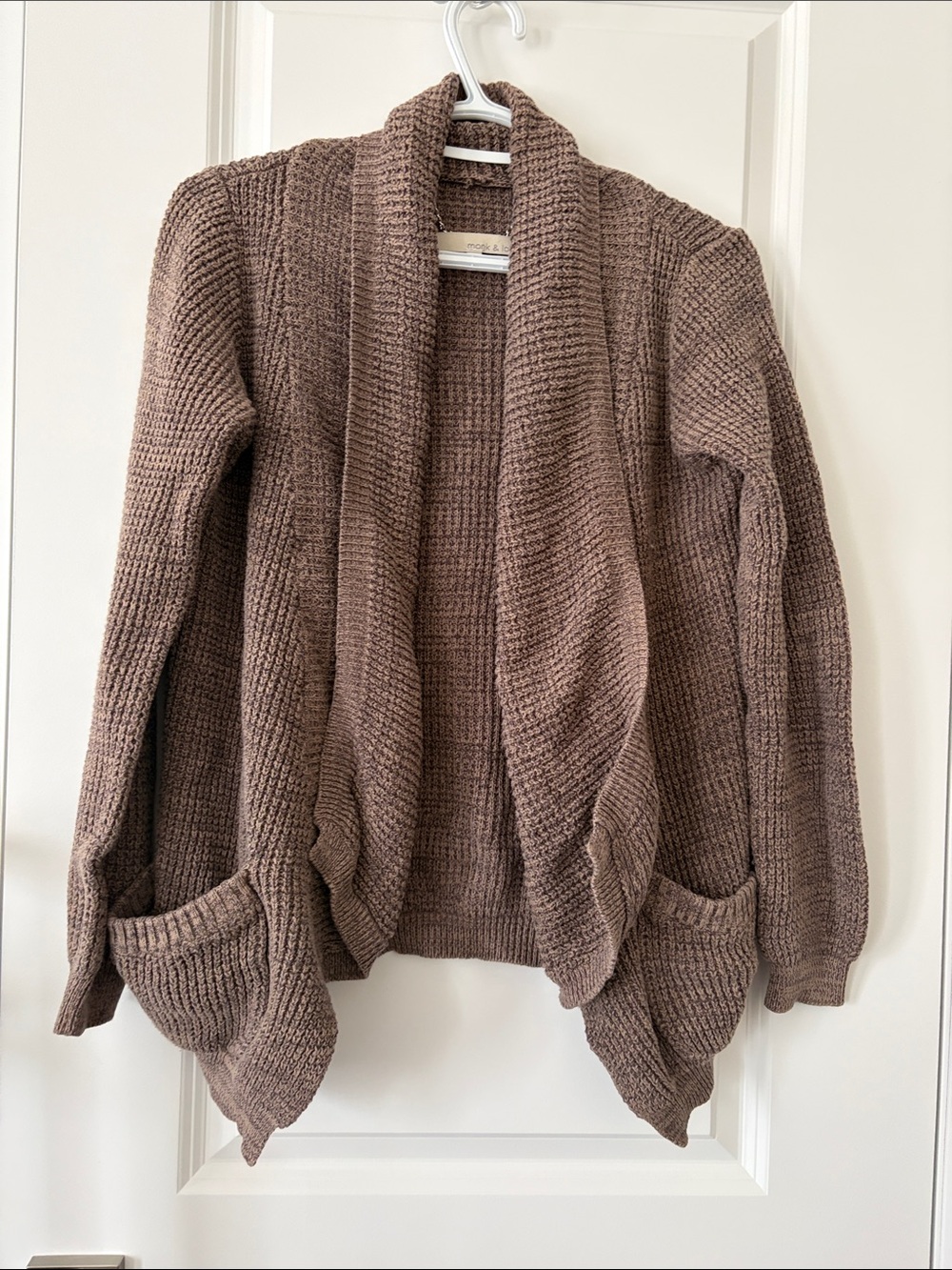 Chunky Open-Front Brown Knit Cardigan with Shawl Collar